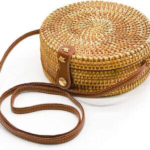AOLIDA Rattan Bag Handwoven Round Bag Natural Chic Crossbody Handbag Circle Boho